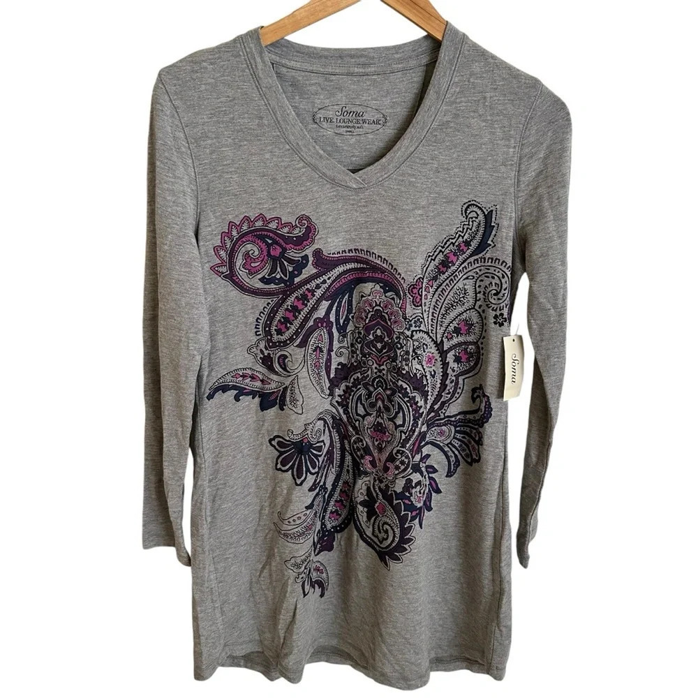 NWT Soma‎ size Small Gray Divine Terry Long Sleeve Nightshirt Gown Paisley New